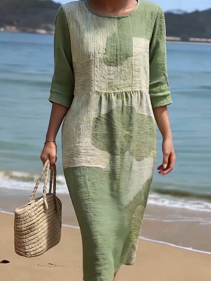 Women's Casual  Round Neck Mid Sleeve Print Cotton and Linen Dress