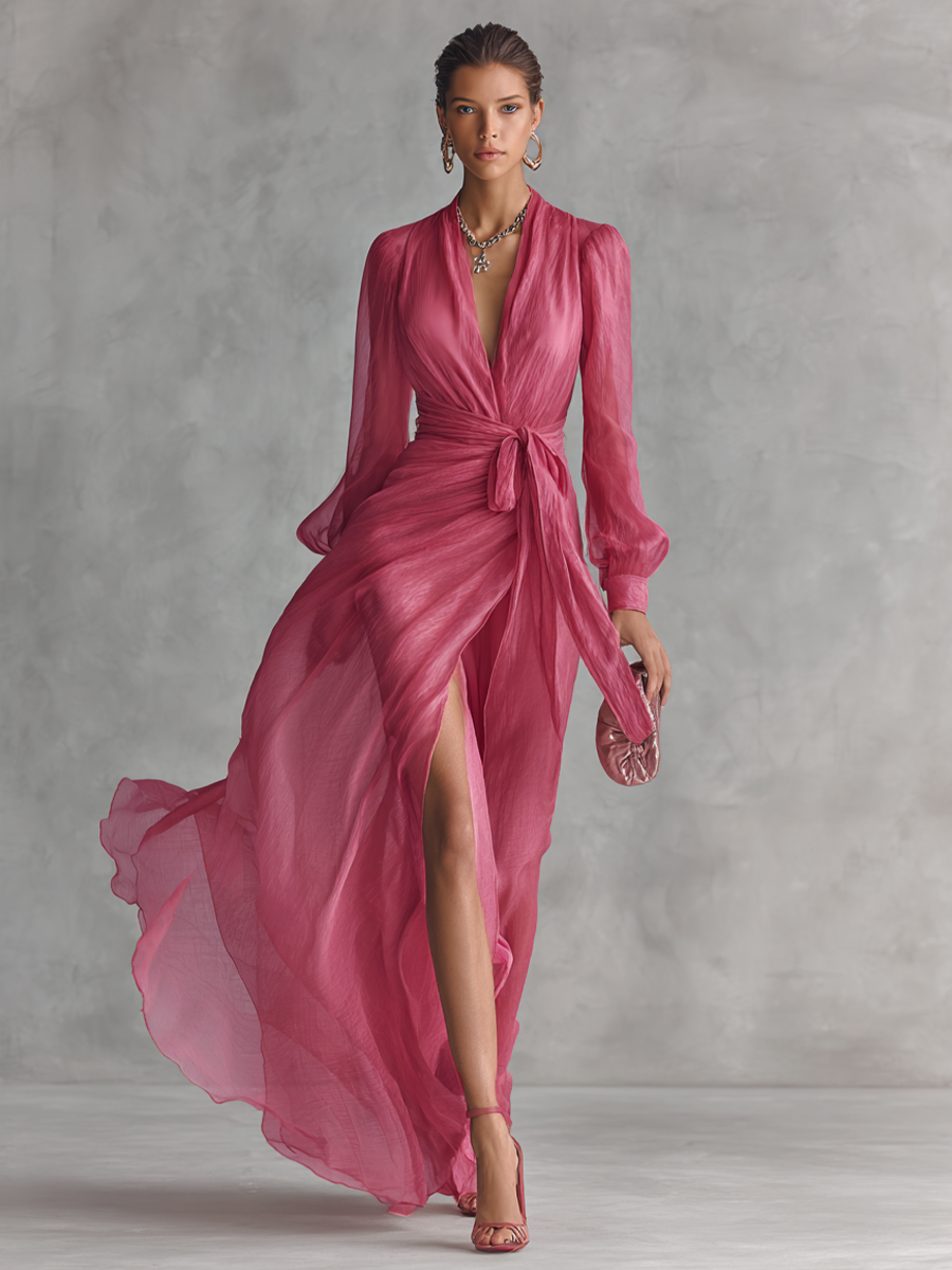 Elegant Pink Chiffon Maxi Dress with Pearls – V-Neck