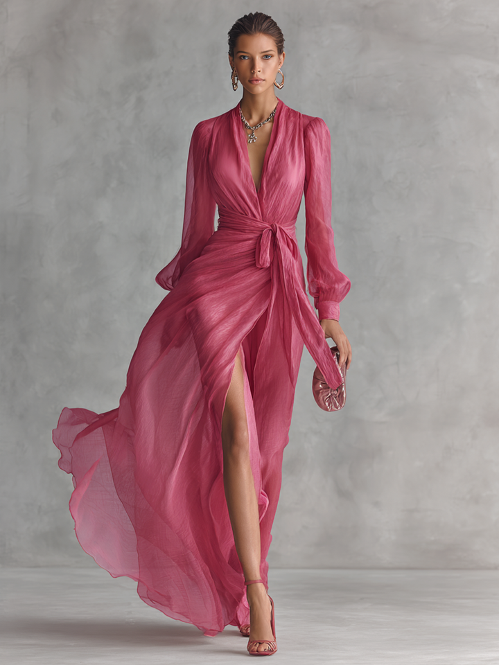 Elegant Pink Chiffon Maxi Dress with Pearls – V-Neck