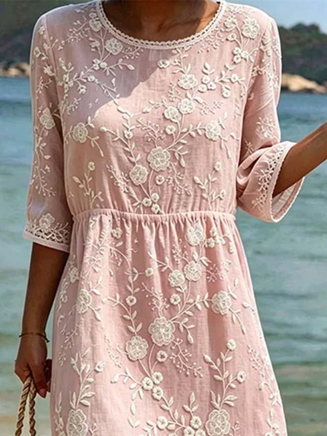 Women's Casual Loose-Fit Printed Round-Neck Dress