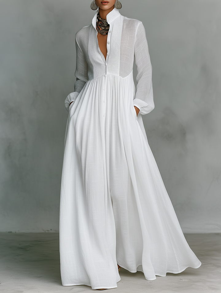 Alessia | Minimalist Patchwork Maxi Dress – High Neck & Long Sleeves