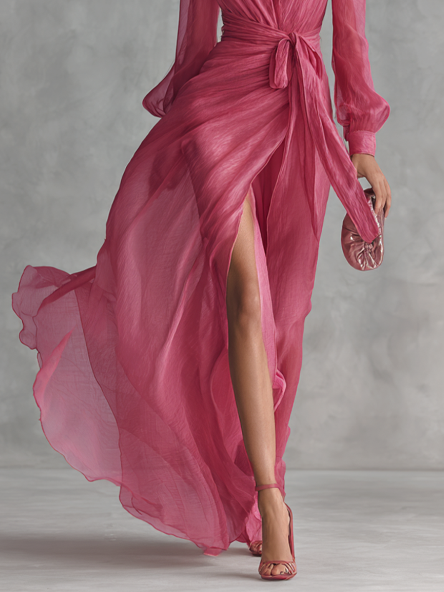 Elegant Pink Chiffon Maxi Dress with Pearls – V-Neck