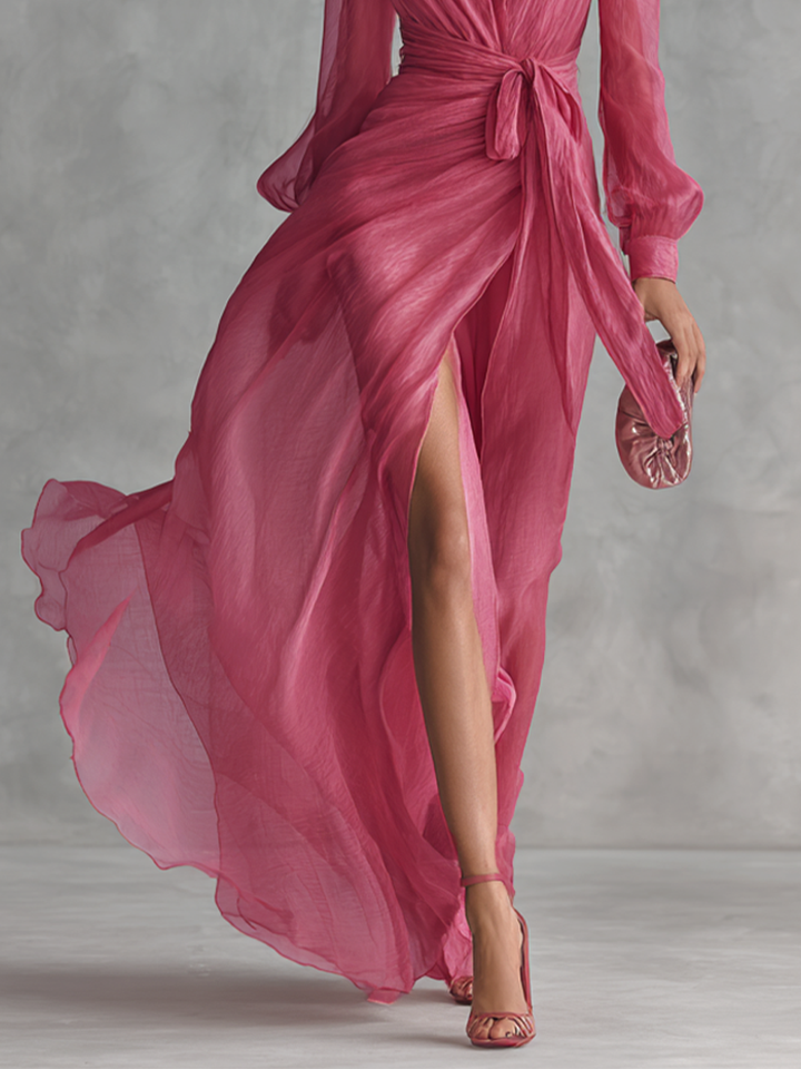 Elegant Pink Chiffon Maxi Dress with Pearls – V-Neck