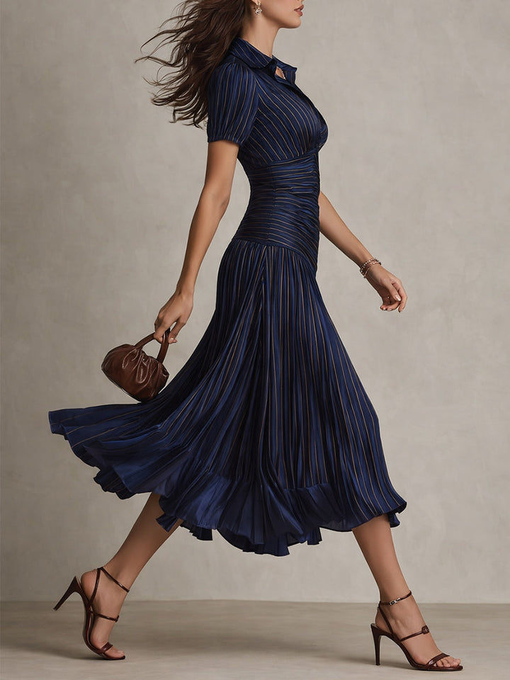 Adriana | Satin Midi Dress with Retro Stripes