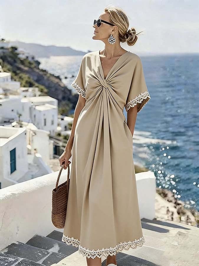 Women'S Casual Lace-Paneled Pleated Dress