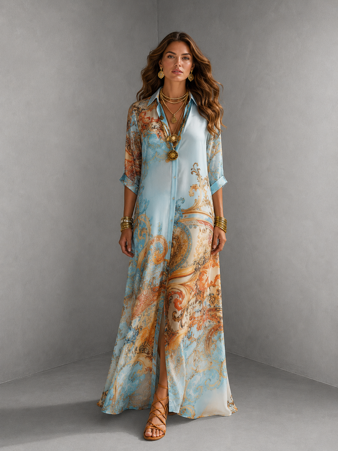 Baroque Style Floral Blue Chiffon Maxi Dress