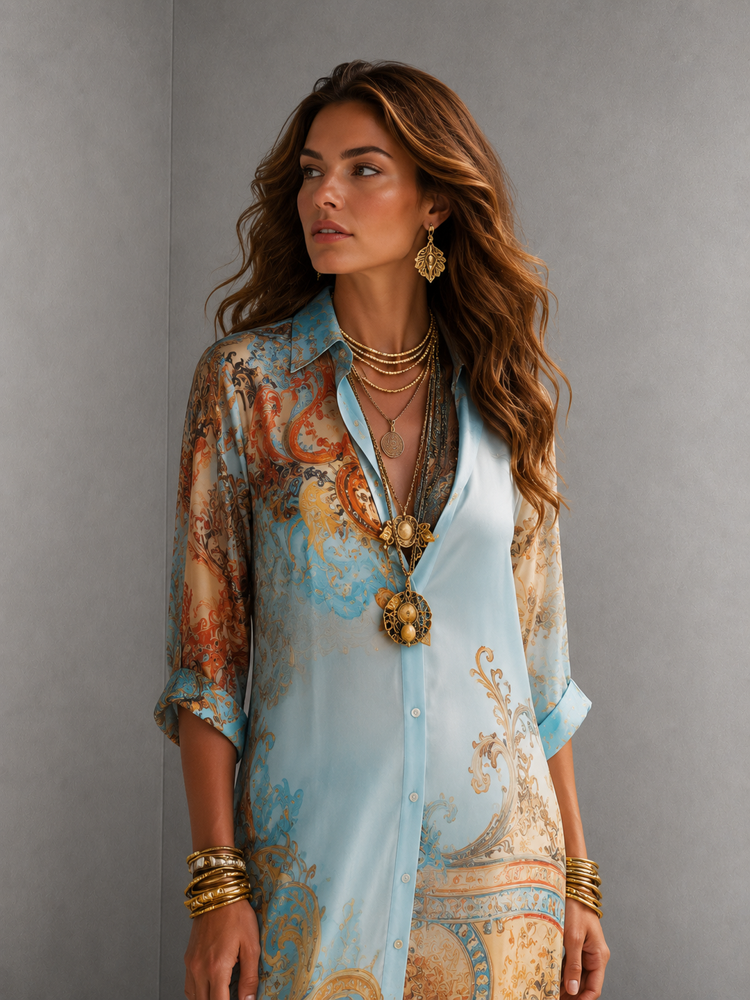 Baroque Style Floral Blue Chiffon Maxi Dress