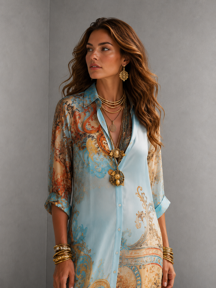Baroque Style Floral Blue Chiffon Maxi Dress