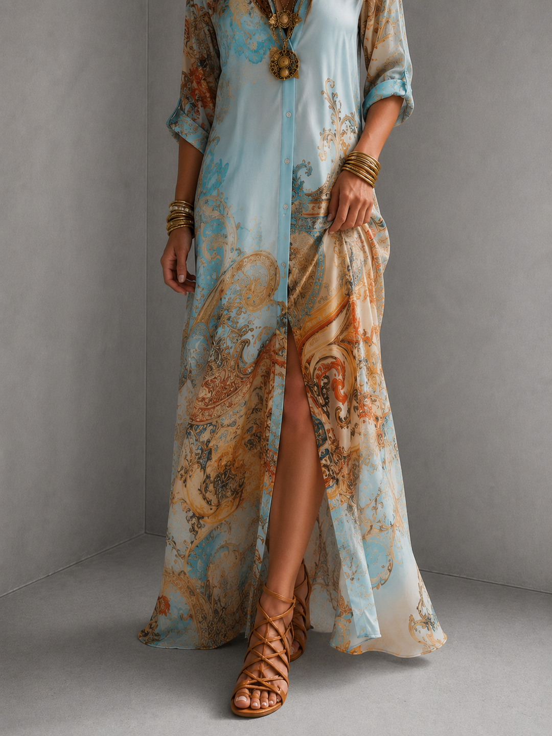 Baroque Style Floral Blue Chiffon Maxi Dress