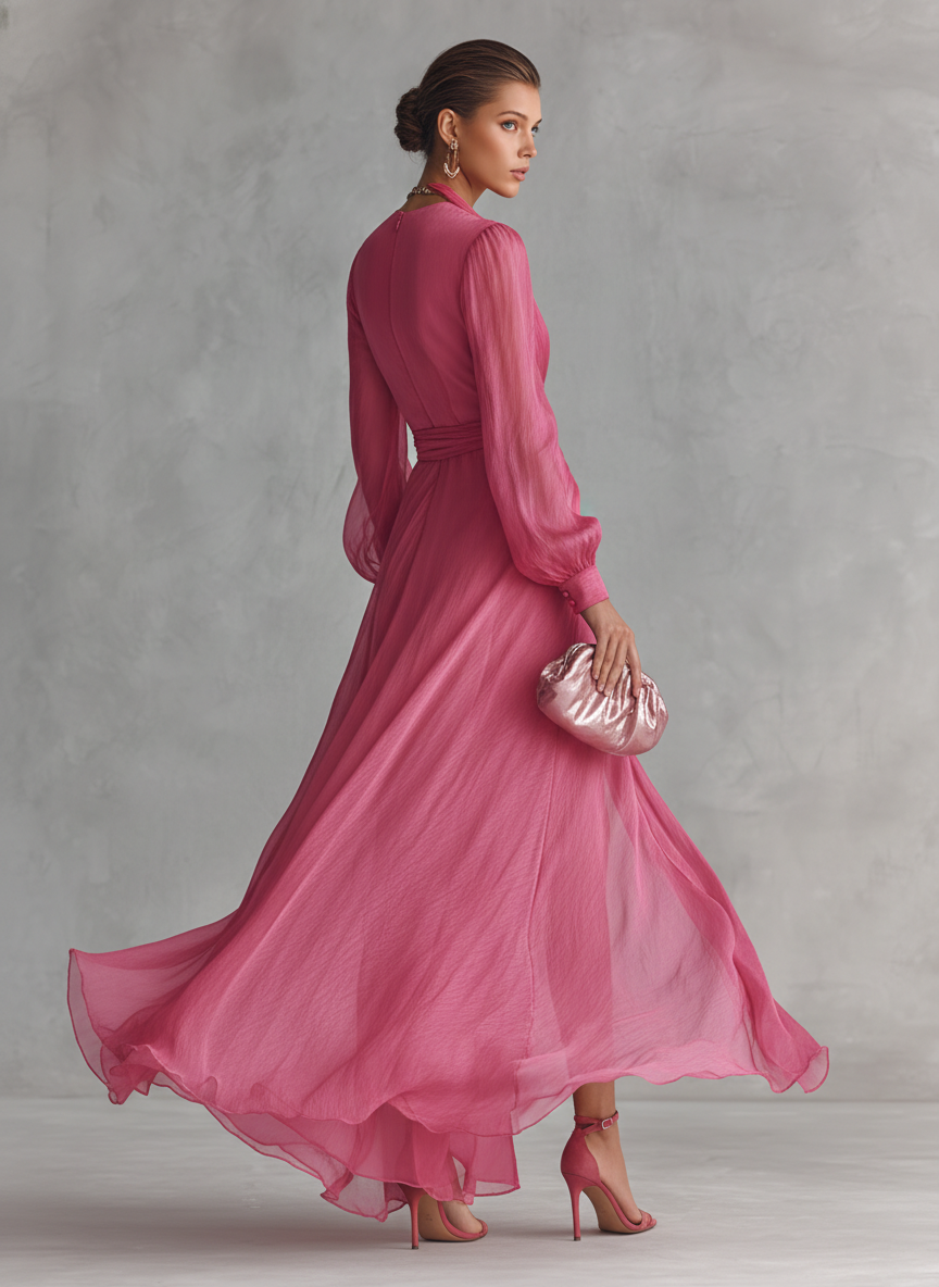 Elegant Pink Chiffon Maxi Dress with Pearls – V-Neck