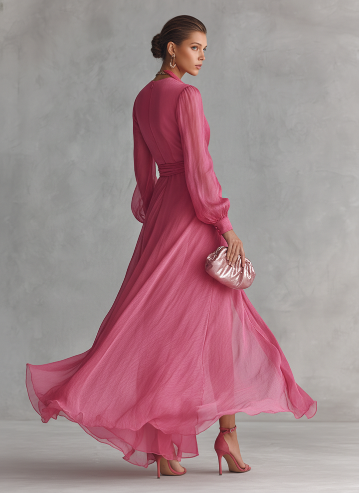 Elegant Pink Chiffon Maxi Dress with Pearls – V-Neck