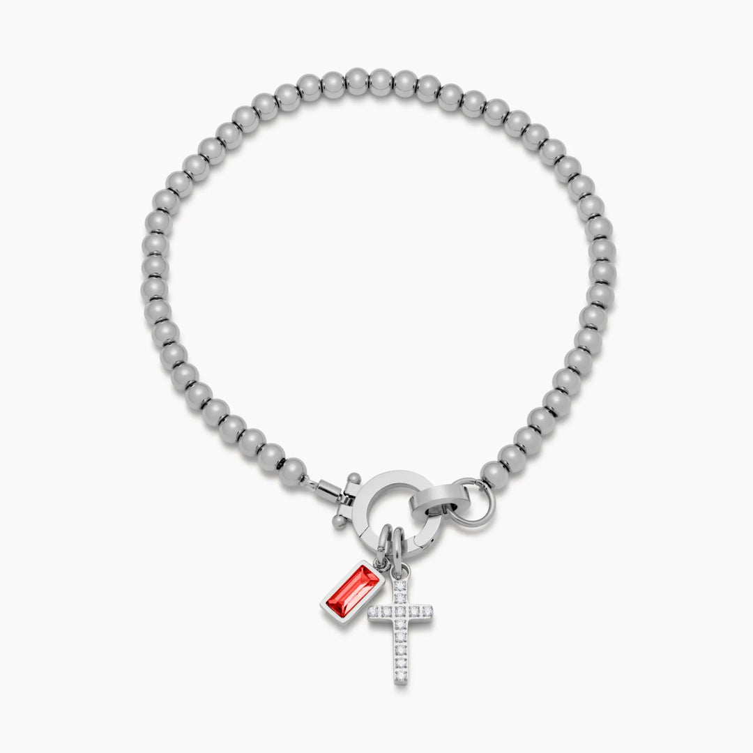 Beaded Birthstone Cross Charm Bracelet