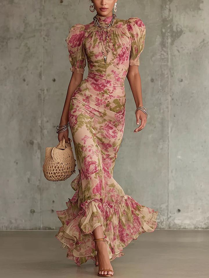 Fiora | Vintage Rose Maxi Dress with Puff Sleeves