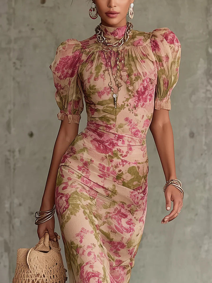 Fiora | Vintage Rose Maxi Dress with Puff Sleeves