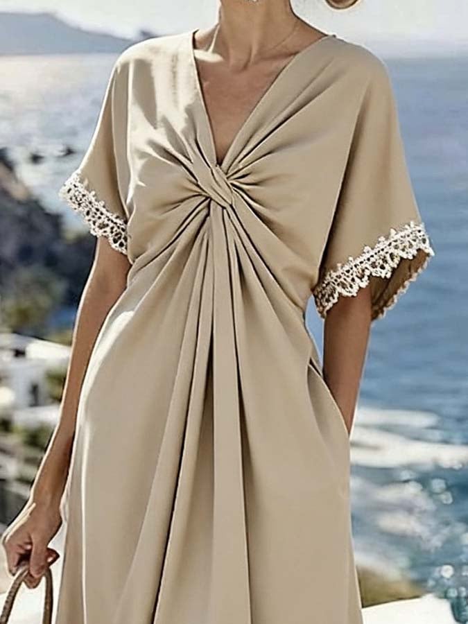 Women'S Casual Lace-Paneled Pleated Dress