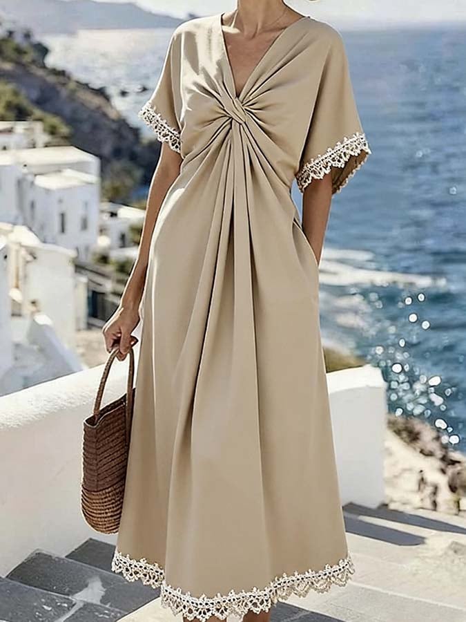 Women'S Casual Lace-Paneled Pleated Dress