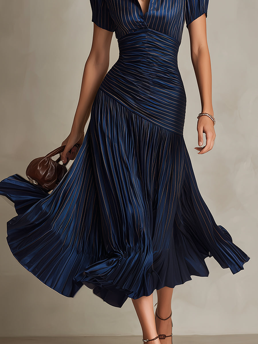Adriana | Satin Midi Dress with Retro Stripes