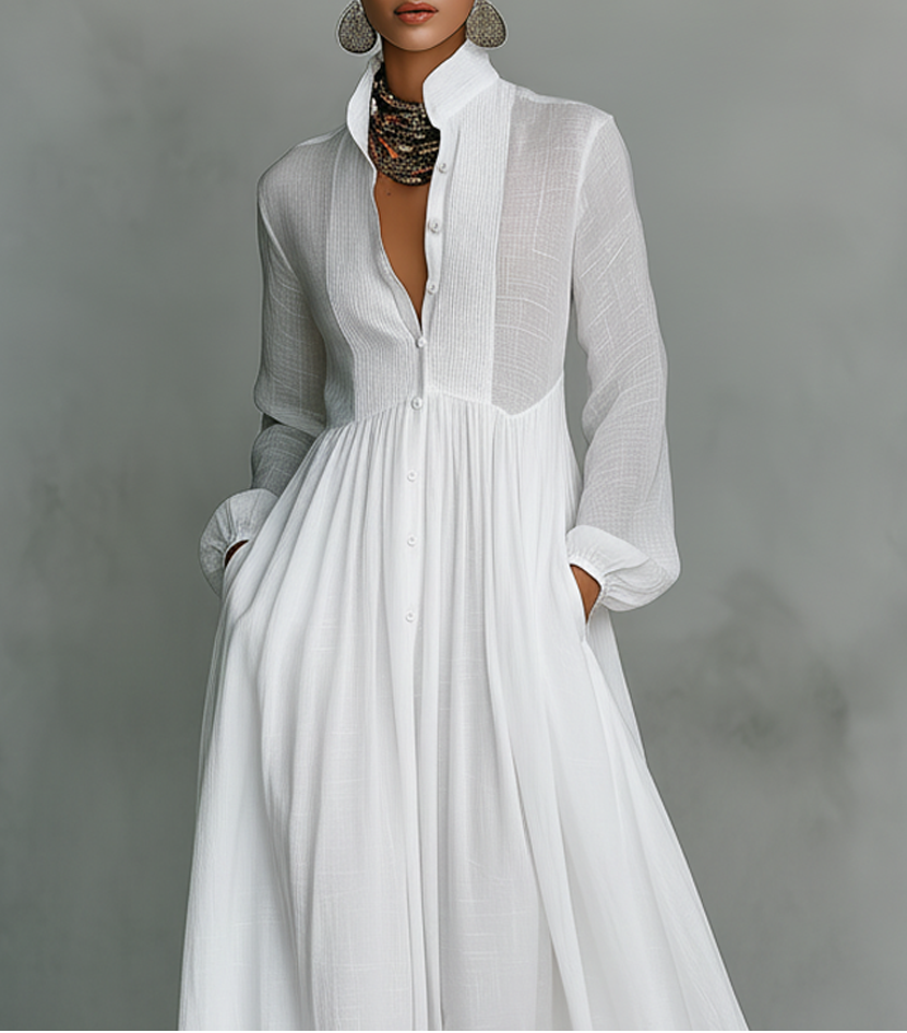 Alessia | Minimalist Patchwork Maxi Dress – High Neck & Long Sleeves