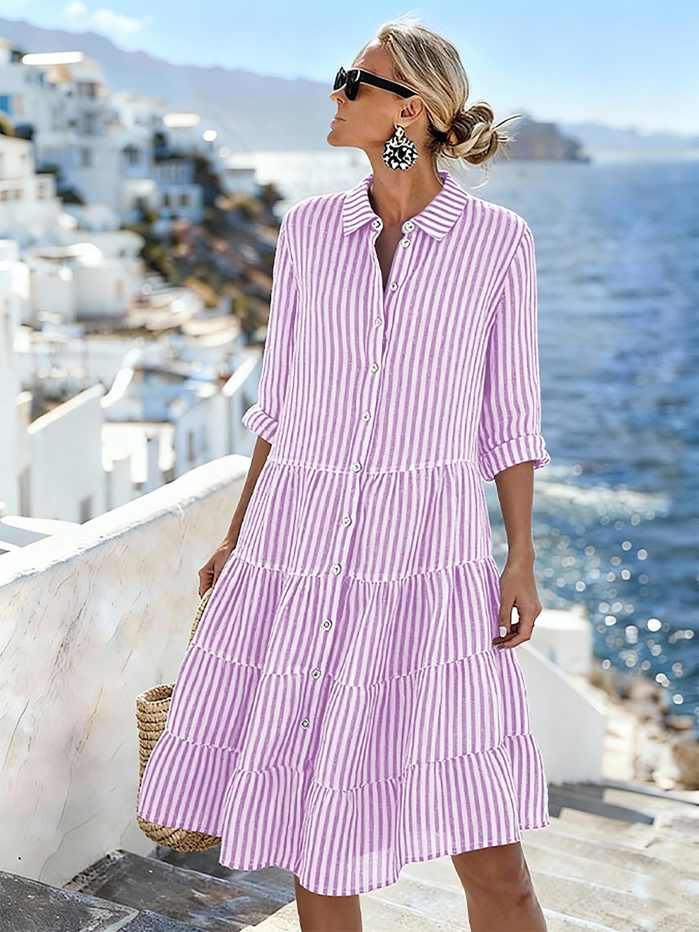 Women'S Casual Striped Color-Block Cotton And Linen Dress