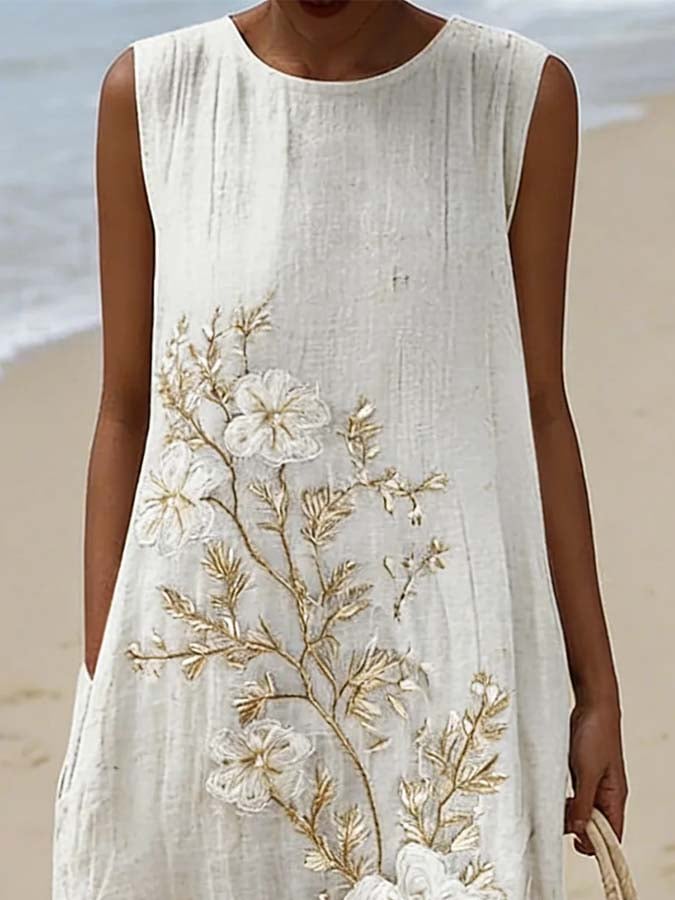 Women'S Round Neck Sleeveless Color-Block Printed Dress