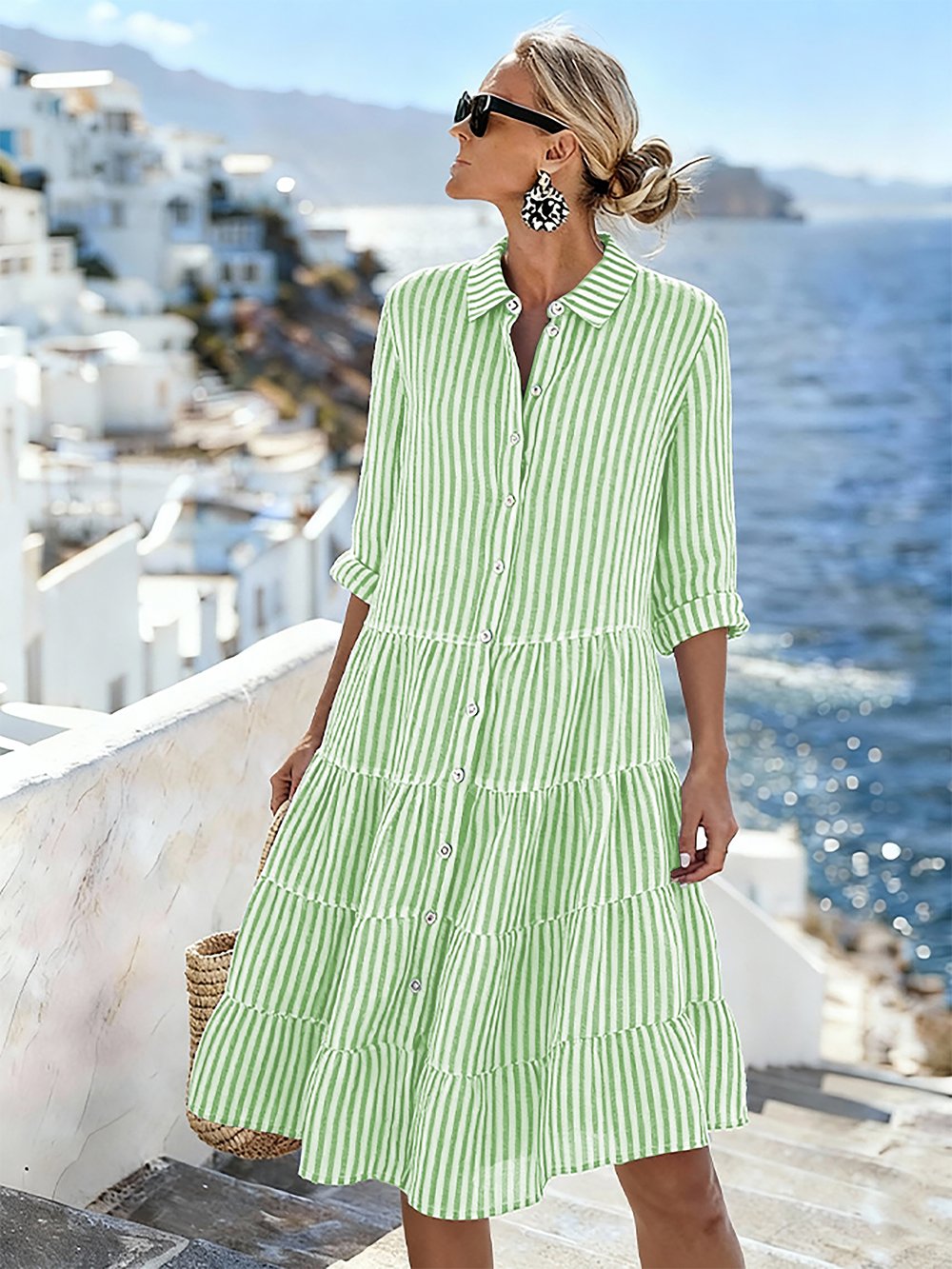 Women'S Casual Striped Color-Block Cotton And Linen Dress