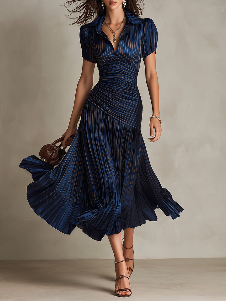 Adriana | Satin Midi Dress with Retro Stripes