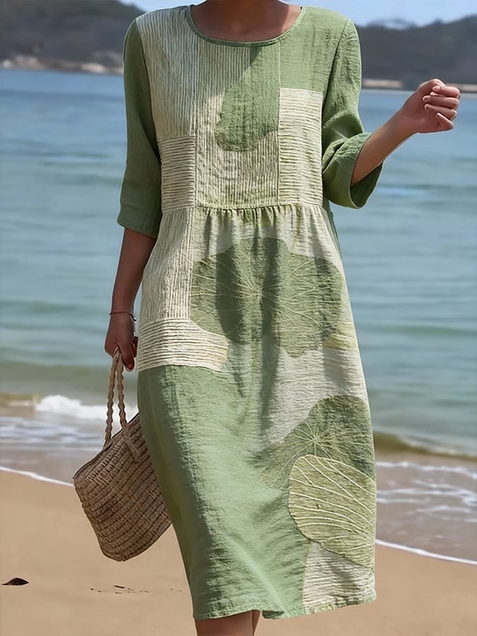 Women's Casual  Round Neck Mid Sleeve Print Cotton and Linen Dress
